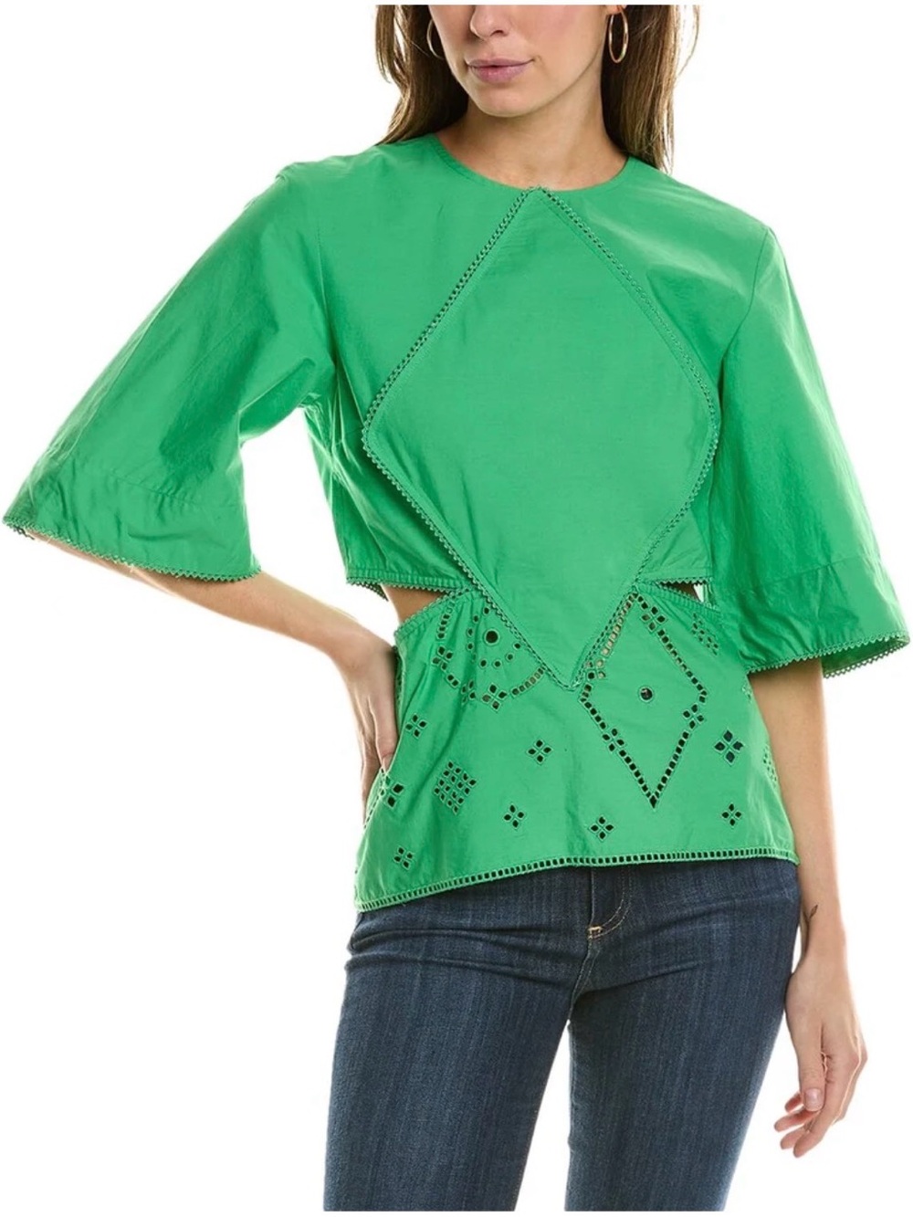 Ganni Broderie Anglaise Eyelet Cutout Blouse Kelly Green Size EU 34 US 2-4 NWT